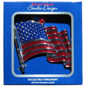 New! American Flag Metal & Enamel Christmas Ornament + Fine European Crystals